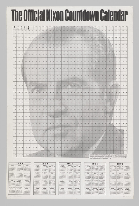 Official Nixon Countdown Calendar with grid overlaying a large portrait and yearly calendars 1973–1977.