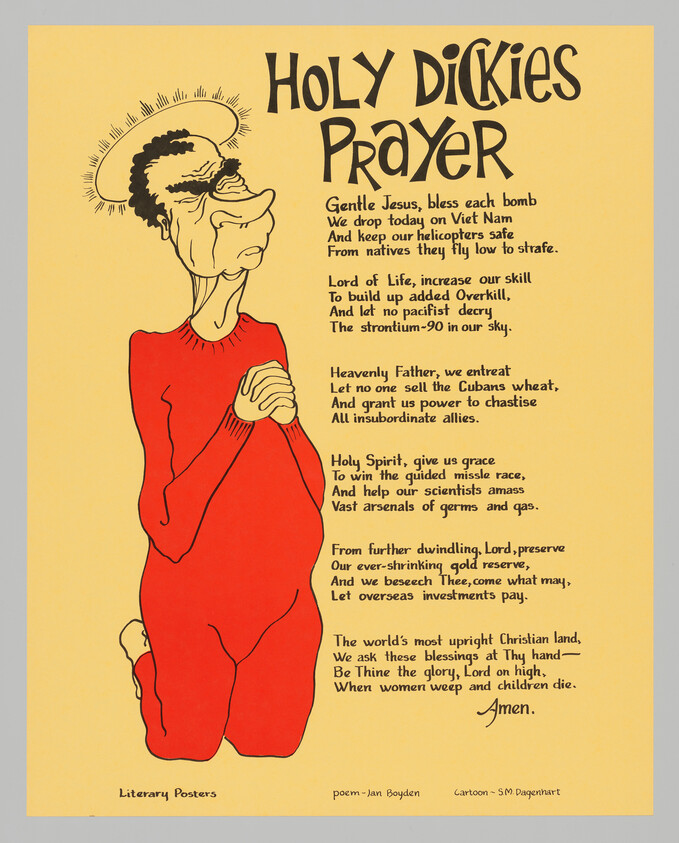 Caricatured kneeling man with halo beside satirical poem titled 'Holy Dickies Prayer'.