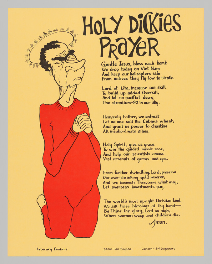 Cartoon figure kneeling in red with halo beside a satirical poem titled Holy Dickies Prayer criticizing war.