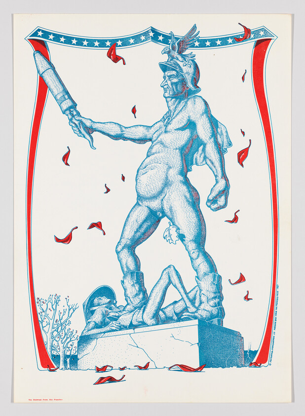 A blue-toned statue of a nude warrior holding a torch while standing over a fallen soldier.