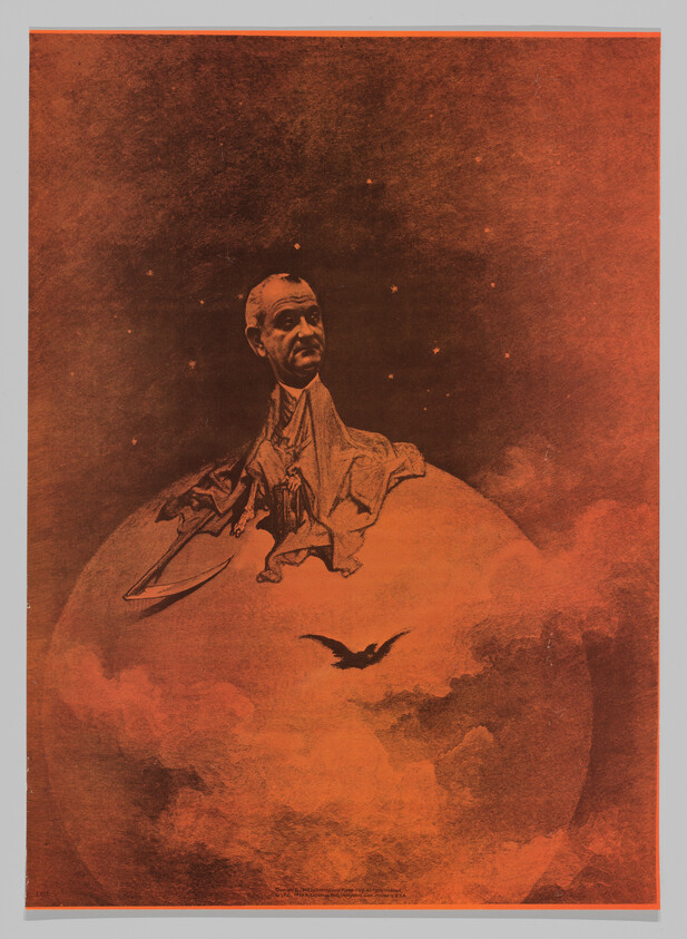 A large head on a cloaked figure perched on a glowing moon with a bat flying below.