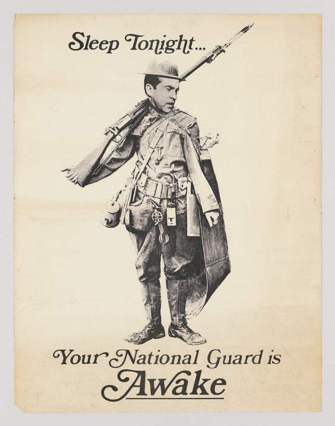A National Guard soldier in full gear with the text "Sleep Tonight... Your National Guard is Awake."