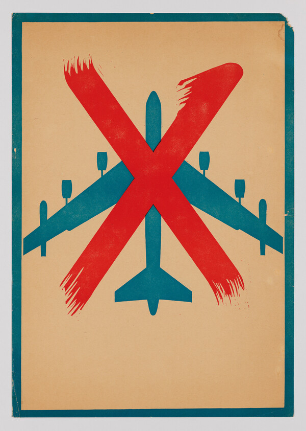 A blue airplane silhouette crossed out with a large red X indicating no flights allowed.
