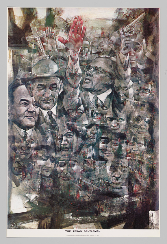 A complex, layered painting featuring multiple overlapping images of men in suits, some with raised hands and others with various expressions, set against a chaotic backdrop with a mix of warm and cool tones. The bottom of the image includes the text "THE TEXAS GENTLEMAN."