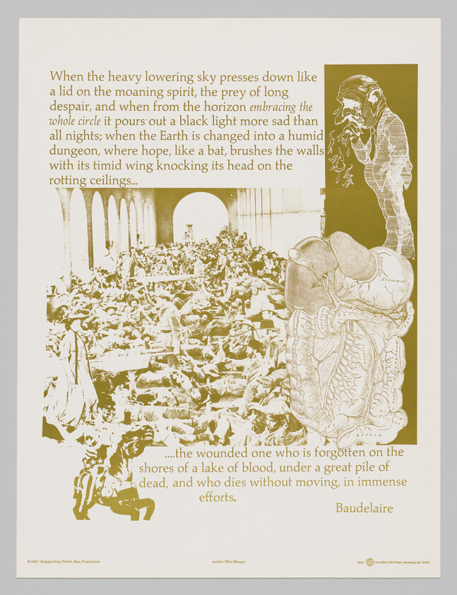 Crowded hall of wounded and dead under a Baudelaire quote, with an anatomical drawing and standing figure.