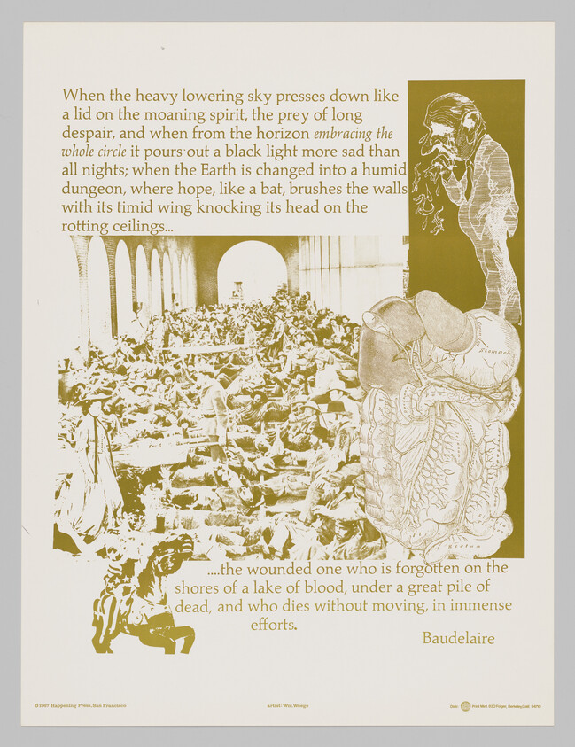 Crowded scene of wounded people in a large hall beside anatomical drawings and Baudelaire text.