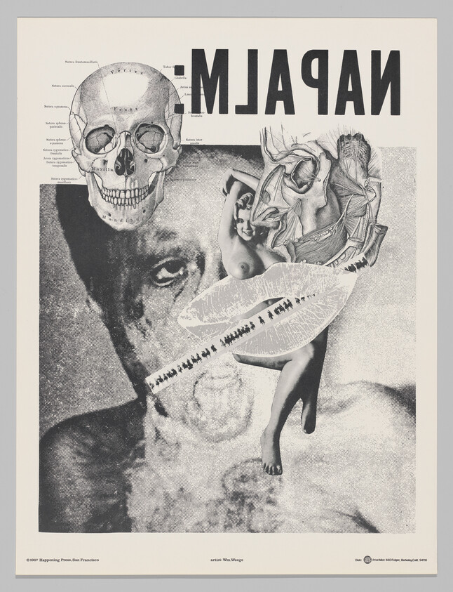 Surreal collage shows a skull, large lips and a nude figure layered over a man's face with mirrored 'NAPALM' text.