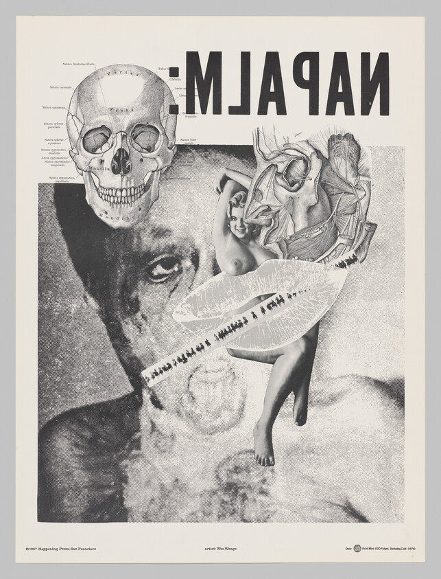 Collage showing skull, reversed "NAPALM" text, pin-up figure, anatomical drawings, and large lips.