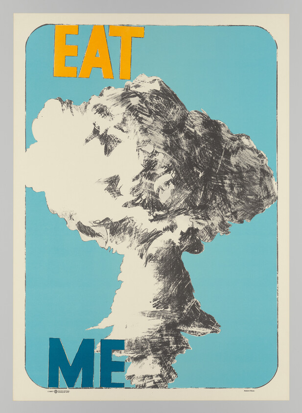 A large mushroom cloud illustration with the words "EAT" above and "ME" below.
