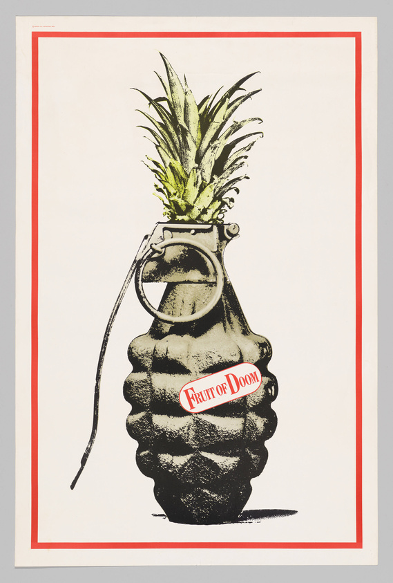 Illustration of a pineapple with the top part replaced by a hand grenade, set against a white background with a red border. The grenade's body is labeled with "Fruit of Doom" in a red oval sticker.