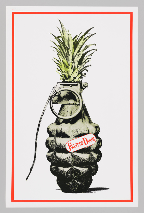 Illustration of a pineapple with the top part replaced by a grenade's lever mechanism, labeled "Fruit of Doom" against a white background with a red border.