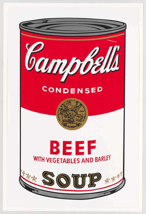 Illustration of a classic Campbell's condensed beef soup can with vegetables and barley.