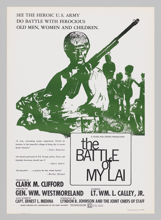 Green-toned poster showing a soldier with rifle and the title "The Battle of My Lai."