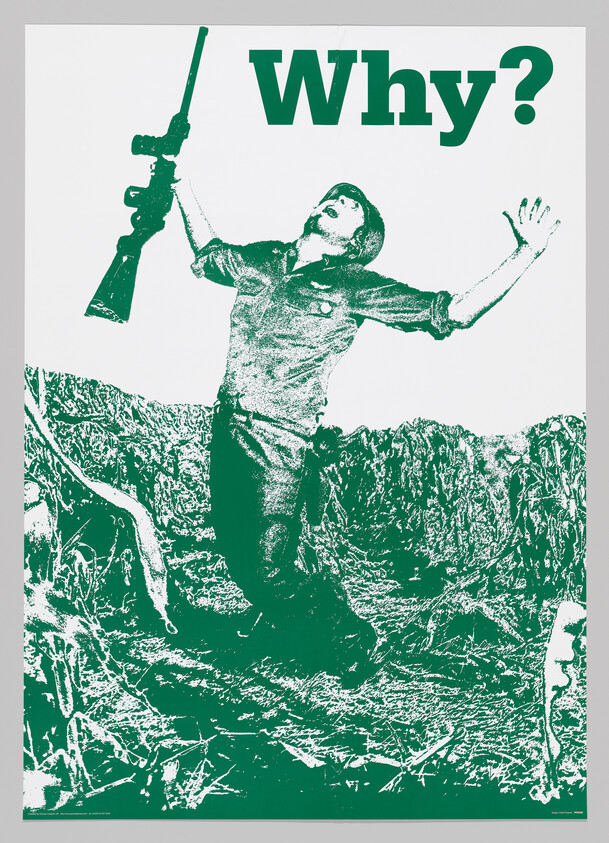 A stylized graphic poster with a green and white color scheme featuring a person in a dynamic pose looking upwards with one arm extended holding a rifle and the other arm outstretched. Above the figure, in large bold letters, the word "Why?" is printed. The background appears to be a rough, textured landscape.