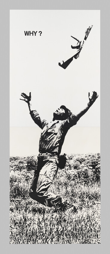 A soldier throws his rifle into the air with arms raised while the word "Why?" appears above.