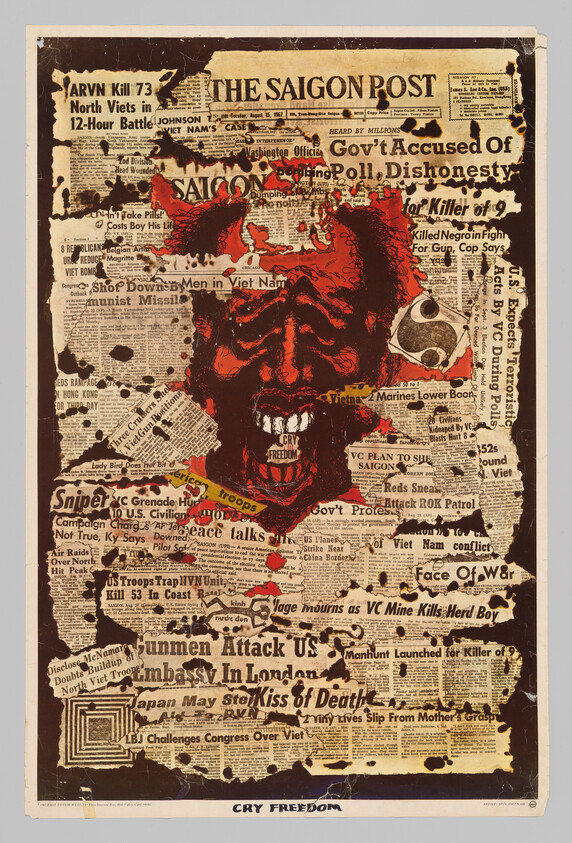 A red screaming face over a torn Saigon Post newspaper collage with the words "Cry Freedom."