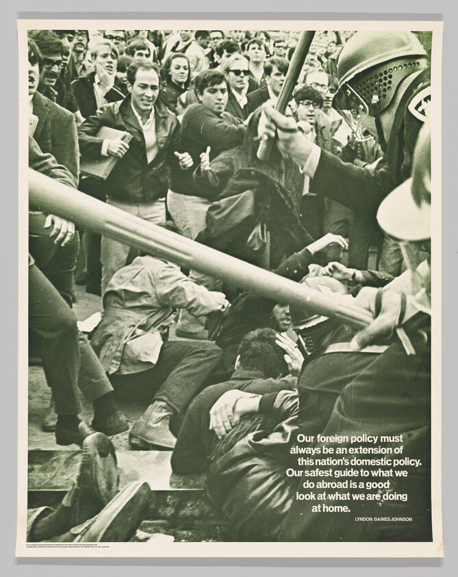 Police in helmets push and strike a crowd of students during a chaotic protest, with quote text visible.