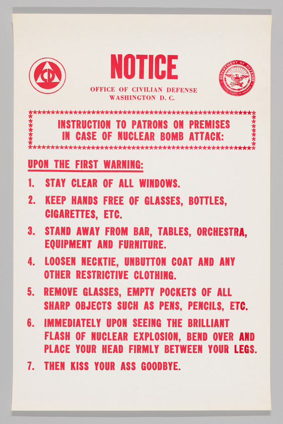 Large civil defense notice listing steps for patrons during a nuclear bomb attack, ending with "then kiss your ass goodbye.".