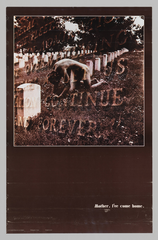 A conceptual art piece featuring a sepia-toned photograph of a cemetery with tombstones in a row and a transparent overlay of a crouching nude figure. The image has text elements that read "TO CONTINUE IN FOREVER" across the middle and "Mother, I've come home." at the bottom. The overall tone is somber and evokes themes of mortality and return.