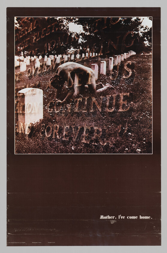 A person kneels beside a grave in a cemetery with the words "Mother, I've come home."
