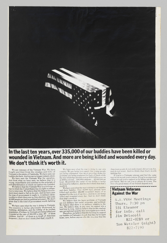 A black and white poster featuring a graphic of a coffin draped with an American flag that has stars falling off, symbolizing fallen soldiers. Below the graphic is bold text stating, "In the last ten years, over 335,000 of our buddies have been killed or wounded in Vietnam. And more are being killed and wounded every day. We don't think it's worth it." The poster includes a detailed message from Vietnam veterans against the war, expressing their stance on the conflict and its impact on both soldiers and the country. Contact information for Vietnam Veterans Against the War meetings is provided at the bottom.