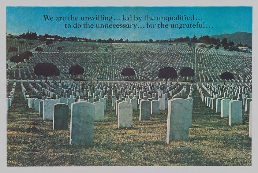 A vast military cemetery with countless white headstones arranged in precise rows across a grassy landscape. In the background, hills and a few trees can be seen under a blue sky. Overlaid text reads: "We are the unwilling... led by the unqualified... to do the unnecessary... for the ungrateful..."