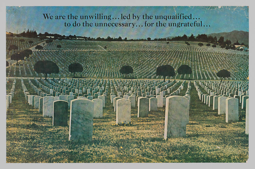 A vast cemetery with numerous white headstones arranged in neat rows on a grassy hillside. The image has a vintage, faded look with a blue sky in the background. Overlaid text reads, "We are the unwilling... led by the unqualified... to do the unnecessary... for the ungrateful..."