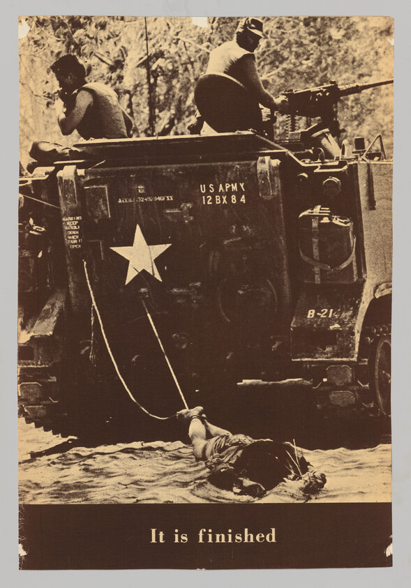 A military vehicle pulls a bound person through shallow water while soldiers ride atop, captioned "It is finished."