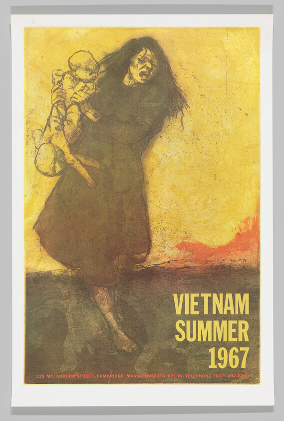 A terrified woman carries two children amid chaos with bold text reading "Vietnam Summer 1967".