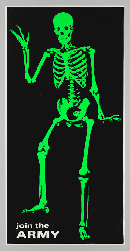 Glowing green skeleton against black background with text "join the ARMY" encouraging enlistment.