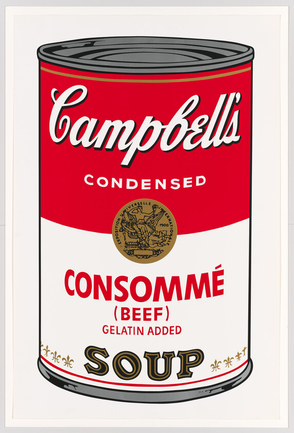 Illustration of a classic Campbell's condensed beef consommé soup can with red and white label.