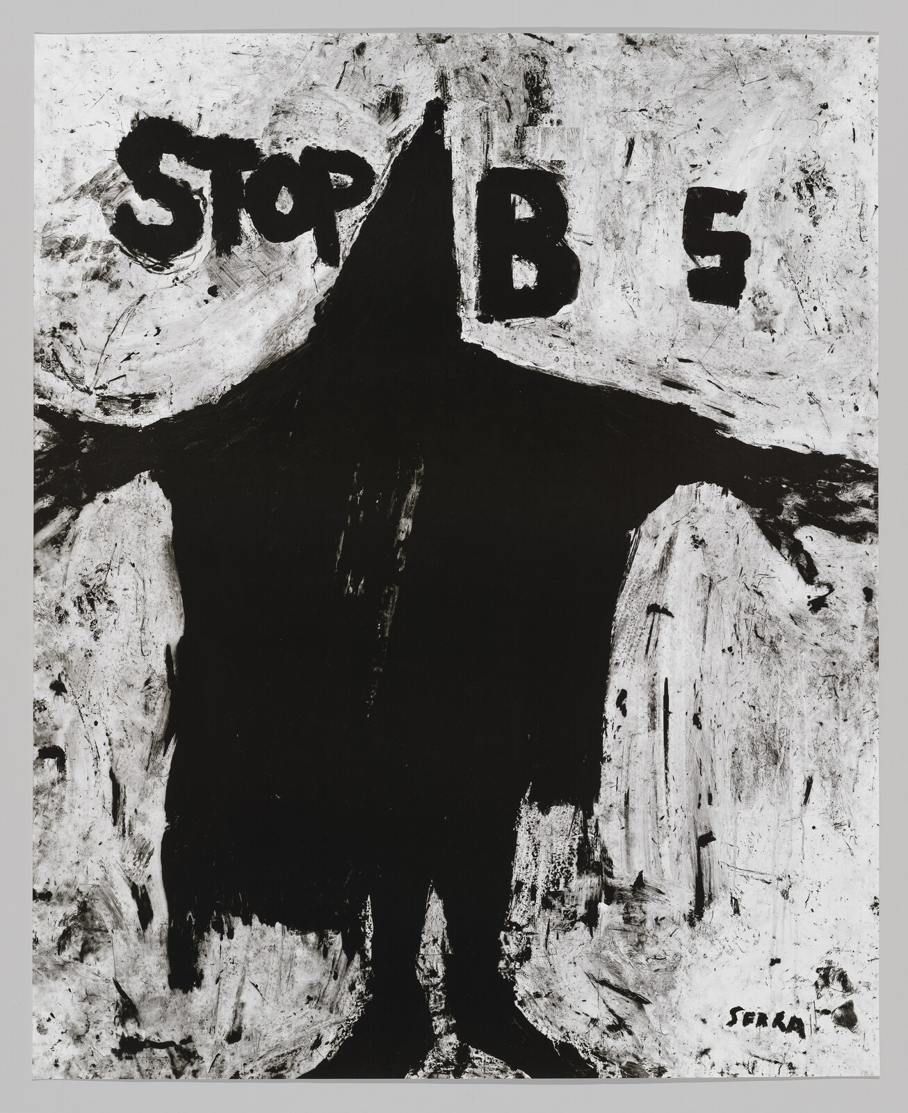 A large black hooded figure with outstretched arms in front of graffiti reading "STOP".