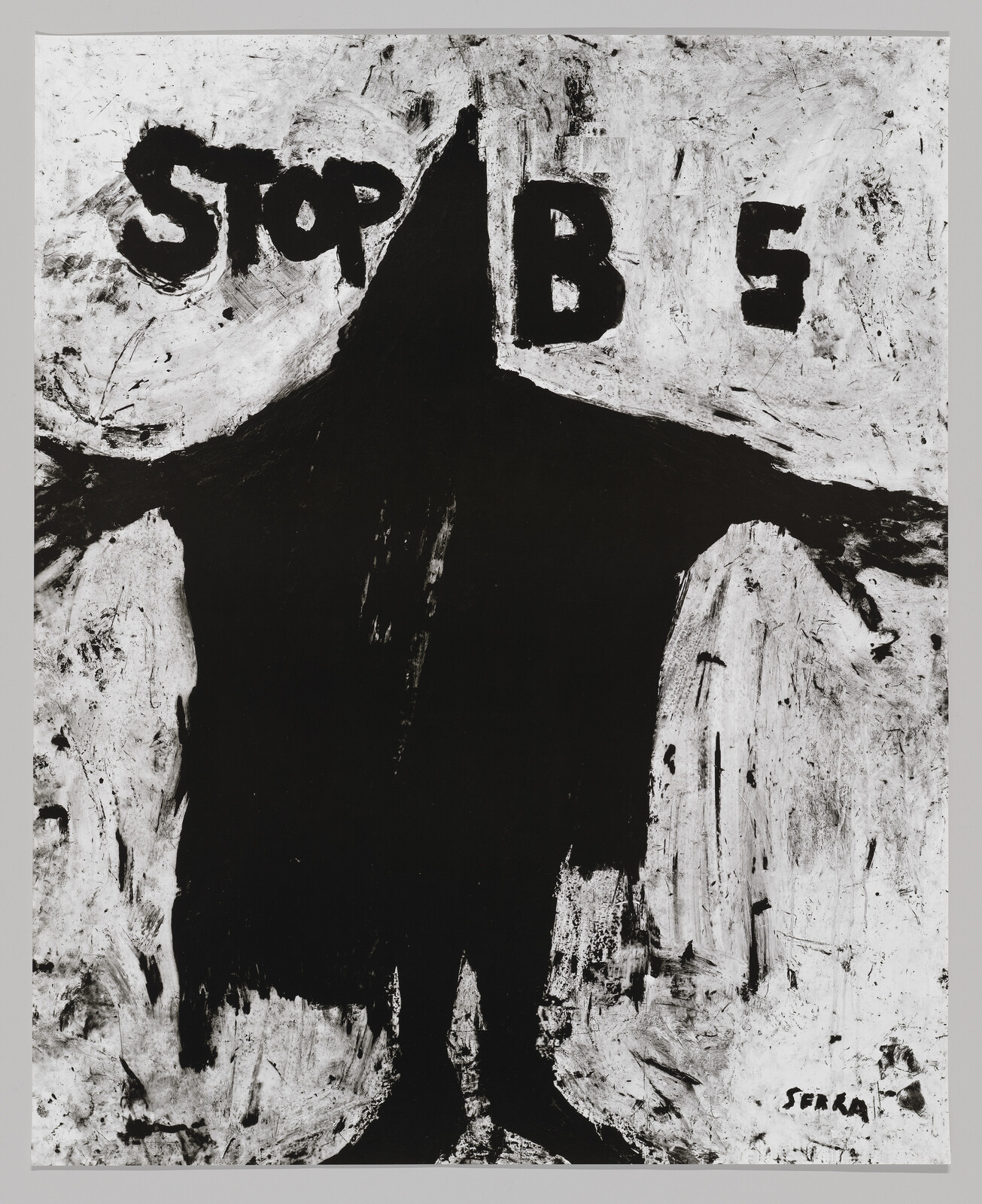 A large black hooded silhouette with arms outstretched stands beneath the painted word "STOP".