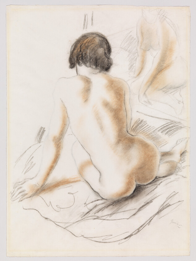 A seated nude woman seen from behind, leaning on her hands on a draped cloth.
