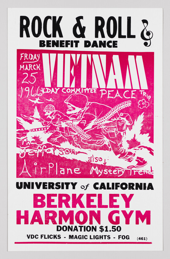Rock & Roll benefit dance poster announcing a Vietnam Day Committee event at UC Berkeley Harmon Gym.