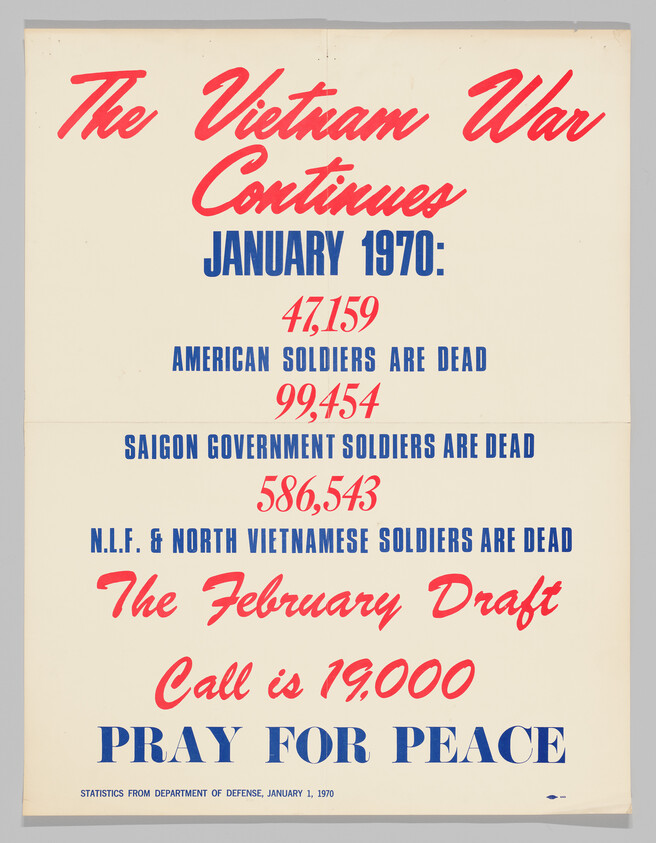 Poster listing Vietnam War death totals and calling to pray for peace, January 1970.