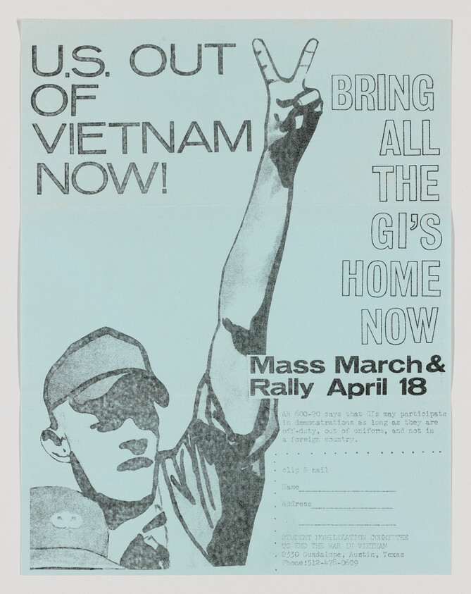 Soldier raising a peace sign on a flyer calling for U.S. out of Vietnam and mass rally.