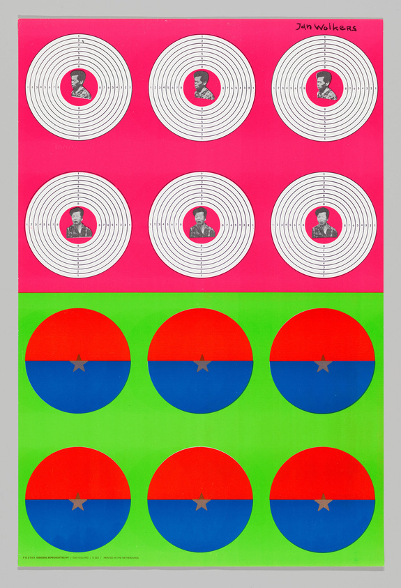 A colorful poster featuring two sections: the top half has a pink background with six circular targets, each containing a black and white portrait of a man's face in the center; the bottom half has a green background with four circular graphics resembling simplified national flags in red, blue, and a white star. The name "Jan Wolkers" is printed in the top right corner. The bottom text indicates it's a poster from the Netherlands, dated 1985.