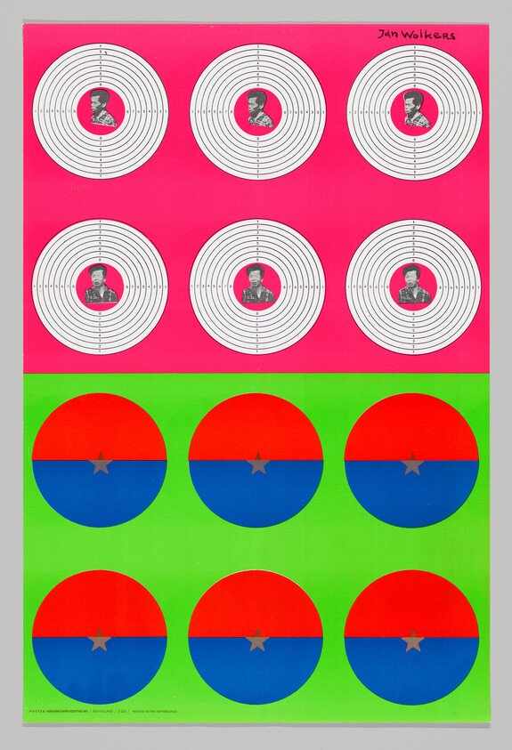 Nine circular targets with portraits on a pink background above six red-and-blue circles on green.