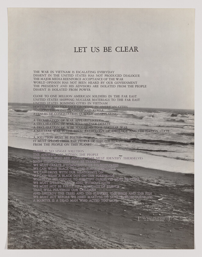 Poster titled "Let Us Be Clear" outlining criticism of the Vietnam War over a beach photograph.