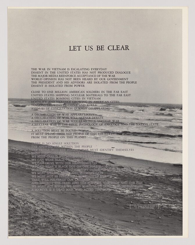 A poster titled "Let Us Be Clear" with a beach background and dense text about the Vietnam War.