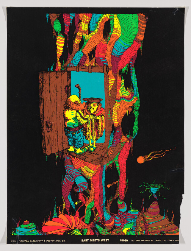 Two cartoon characters stand in a doorway amid swirling multicolored psychedelic tree shapes.