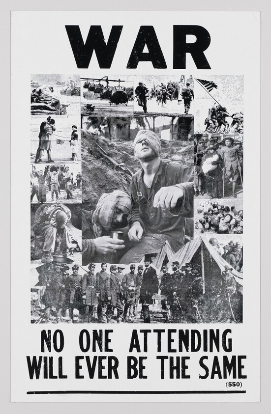 Bold war poster showing wounded soldiers and warning that no one attending will ever be the same.
