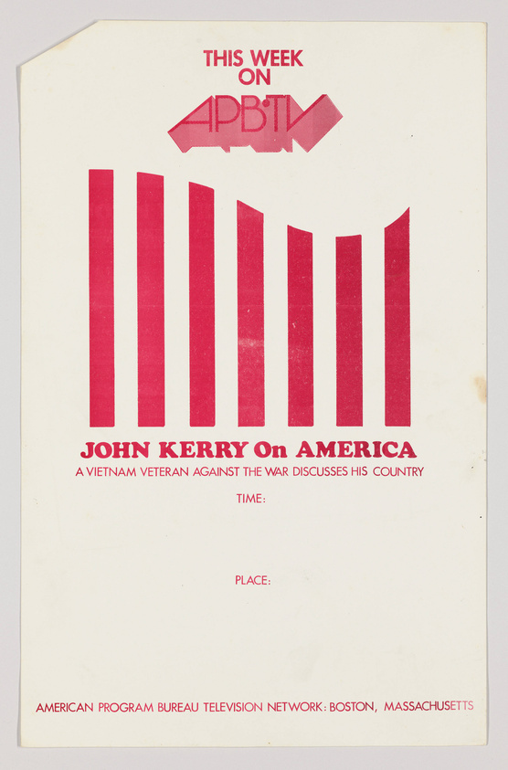 Vintage promotional flyer for a television program featuring John Kerry discussing America, with bold red text and graphics on a white background, including a stylized American flag and the logo for the American Program Bureau Television Network, Boston, Massachusetts. Details for time and place are left blank.