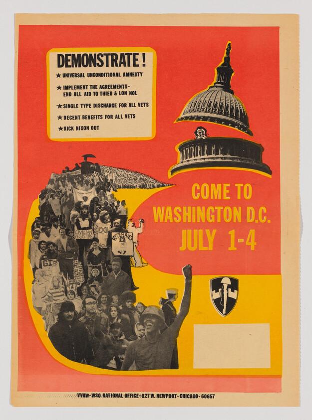 Vintage protest flyer with bold text "DEMONSTRATE!" listing demands such as "universal unconditional amnesty" and "kick Nixon out," inviting people to "COME TO WASHINGTON D.C. JULY 1-4." The Capitol building is prominently featured with a collage of protesting crowds below, and the emblem of a helmet and peace sign at the bottom. The flyer has a red and yellow color scheme and includes contact information for the VVAW-WSO National Office in Chicago.