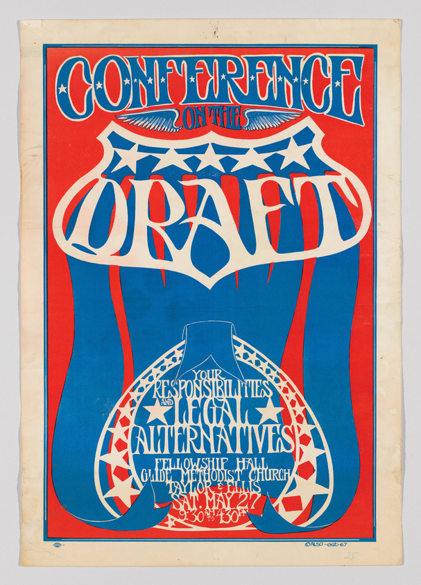 Vintage poster with bold red and blue colors featuring the text "Conference on the Draft" in stylized lettering, with additional details about responsibilities, legal alternatives, and event information for a meeting at the Fellowship Hall, Glide Memorial Church. The design includes star motifs and a peace symbol.