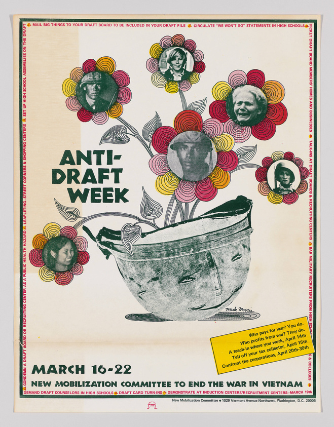 Vintage poster for Anti-Draft Week, March 16-22, by the New Mobilization Committee to End the War in Vietnam, featuring a melting pot with faces of diverse individuals in flower frames, with bold text and event details, including dates for tax resistance and corporate confrontation.