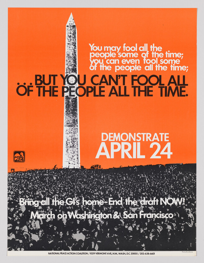 Orange poster showing the Washington Monument over a large protest crowd urging people to demonstrate April 24.