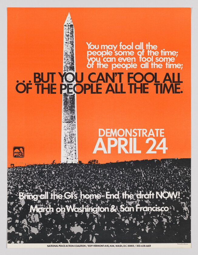 Orange poster showing the Washington Monument and crowd urging demonstration on April 24 to end the draft.