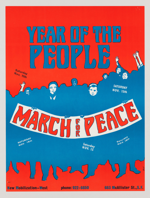 A vintage protest poster with a bright red background and blue foreground featuring the text "YEAR OF THE PEOPLE" at the top and "MARCH FOR PEACE" in the center. The bottom blue section shows silhouettes of a crowd with raised hands and faces looking upwards. Additional text includes "Saturday Nov. 15th" repeated several times and contact information for "New Mobilization-West" at the bottom.